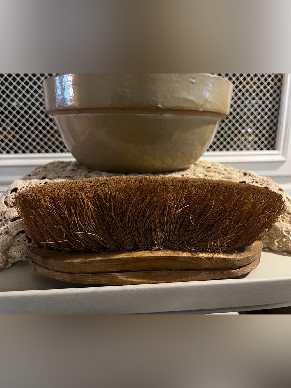 Antique Farmhouse Horse Hair Brush with Wooden Base Primitive